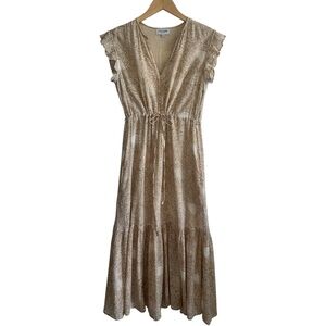 OLIVIA JAMES Delia Midi Dress in Summer Shells Sand | Tan Flutter Sleeve Medium